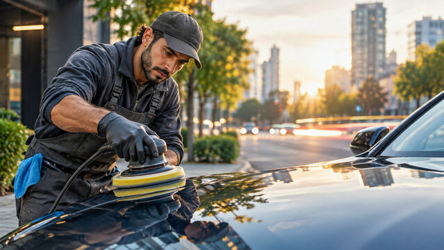 Car detailer polishing black vehicle hood with buffer machine on city street at sunset