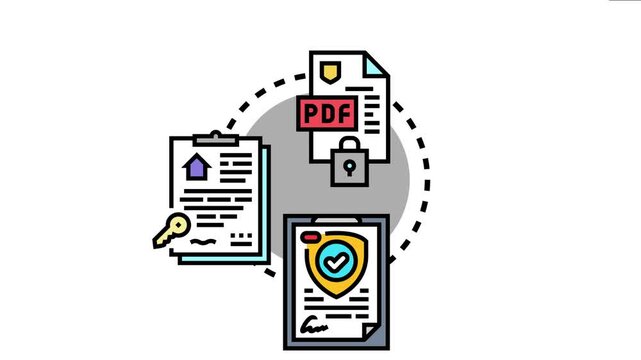 Permission licensing document concept presenting a digital pdf file, paper agreements, and secure property key ownership