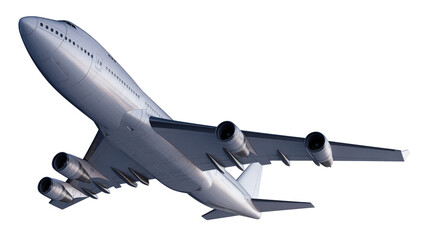 Isolated modern commercial passenger jet airplane taking flight from below, four engines © Gabriel