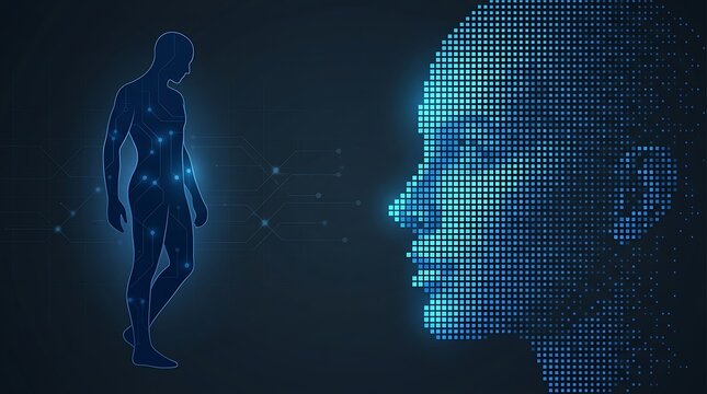Digital human head profile made of glowing blue pixels next to a full body silhouette with network connections