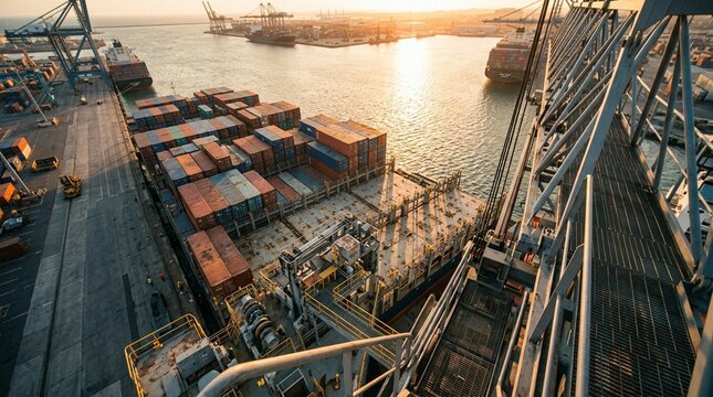Cargo Ship Deck Viewed From Crane at Golden Hour, Container Loading and Port Operations Scene