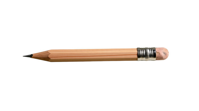 Isolated sharpened wooden pencil with pink eraser and metallic ferrule, ready for writing and drawing