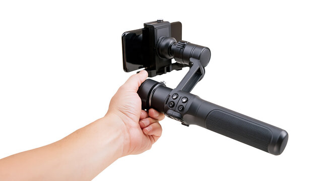 Isolated hand holding modern smartphone gimbal stabilizer for steady mobile video recording