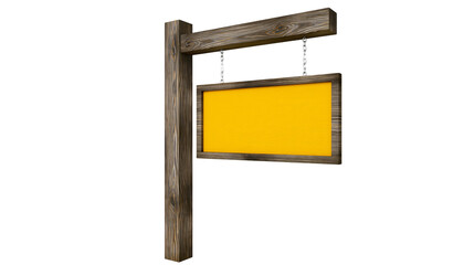 Isolated rustic wooden signpost with empty yellow signboard hanging by metal chains © Gabriel