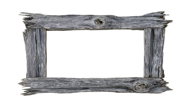 Isolated weathered grey wooden frame, rustic old wood picture border with splintered edges.