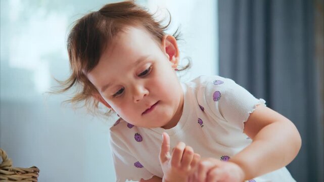 Soft light illuminates a curious toddler's focused face. She reaches for a colorful object, her eyes fixed with wonder. Tiny hands explore, conveying innocent delight. Perfect for parenting