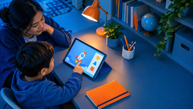 Mother and son learning shapes on tablet at cozy study desk, educational app concept