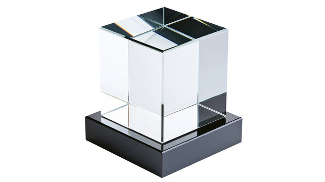 Isolated elegant modern abstract geometric crystal award trophy with a dark square base