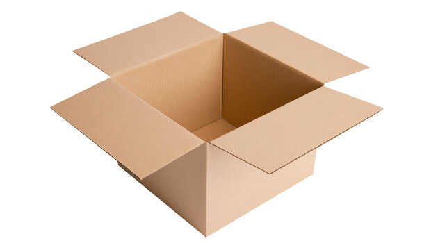 Isolated empty light brown corrugated shipping box with open top, ready for delivery