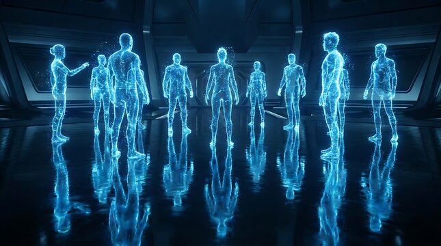 Group of glowing blue wireframe human figures standing in a circle inside a dark futuristic room with