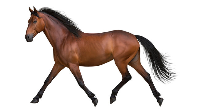 Isolated brown horse with black mane and tail trotting gracefully, full length studio shot