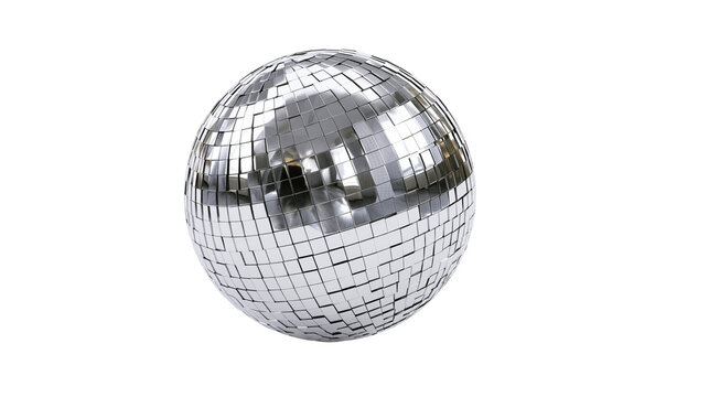 Isolated shiny silver disco ball with small reflective mirrors for exciting party and celebration fun.