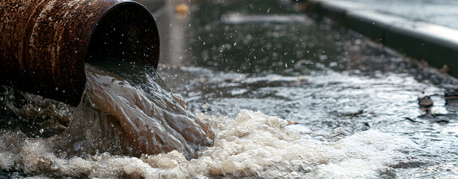 Dirty stormwater flows from a large rusty metal pipe onto the city street during heavy rain. The urban drainage system discharges polluted runoff into street puddles. Environmental pollution from rain