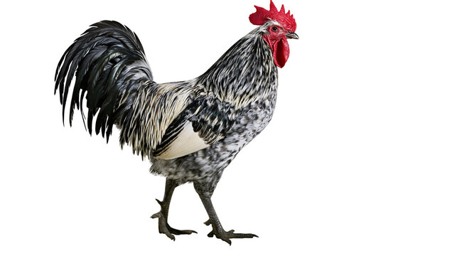 Isolated majestic black and white rooster with red comb and wattles standing alert