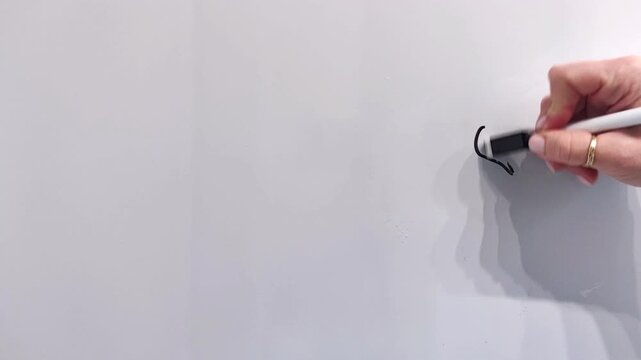 Female hand erases a black marker heart from a whiteboard using the cap of a marker, simple cleaning demonstration, office supplies, horizontal video.