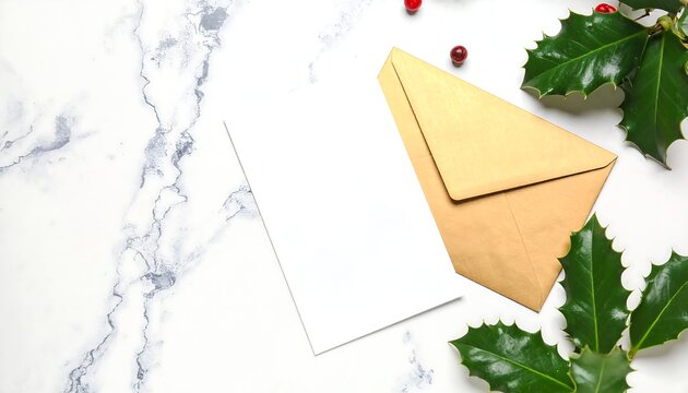 Christmas greeting card with gold envelope and seasonal decorations on marble background