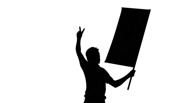 Isolated silhouette of person holding blank flag and making peace sign, protest expression.