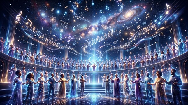 Large choir of luminous figures singing on a tiered stage with floating musical notes and a glowing galaxy