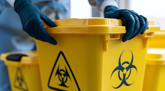 Healthcare professionals wearing gloves discard biohazard waste into the yellow container, while clinical disposal units featuring the biohazard symbol are utilized for proper healthcare waste managem