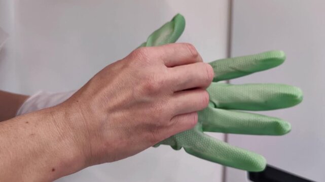 Close-up of a hand wearing a white and light green rubber cleaning glove as the other hand tries to scrape dirt from its surface, household cleaning, horizontal video.