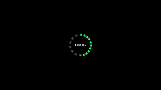 Segmented circular progress bar with green fill and Loading text inside representing system process download upload wait status preloader UI element isolated black background vector.a 4 k video.