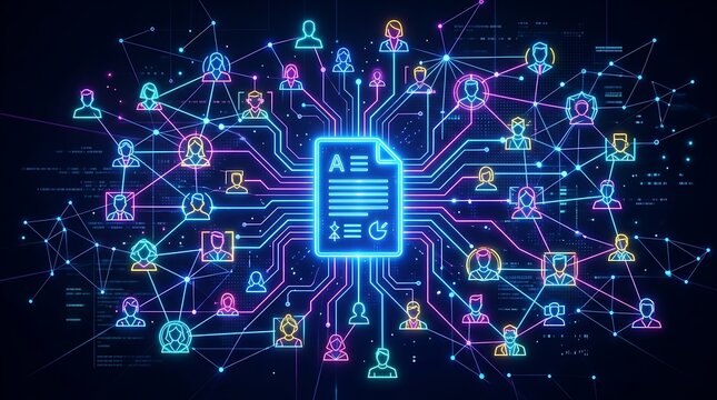 Neon glowing document connected to a network of diverse human avatars in a digital data communication system