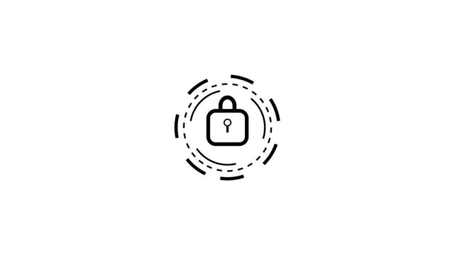 Black padlock icon surrounded by futuristic dashed concentric circles representing cyber security data protection privacy shield system lock U I element isolated white background vector.a 4 k video.