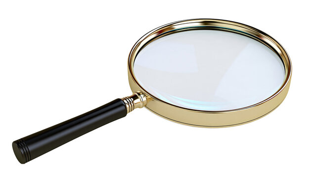 Isolated realistic golden magnifying glass with black handle for research and investigation