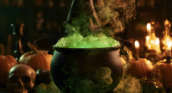 A cauldron filled with a green bubbling potion, a spooky Halloween scene featuring pumpkins and a skull, mystical smoke and glowing light in a dim apothecary, cinematic fantasy horror photography
