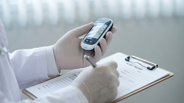Diabetes management and blood glucose monitoring, doctor or patient recording health data with a glucometer and medical chart in a clinical office