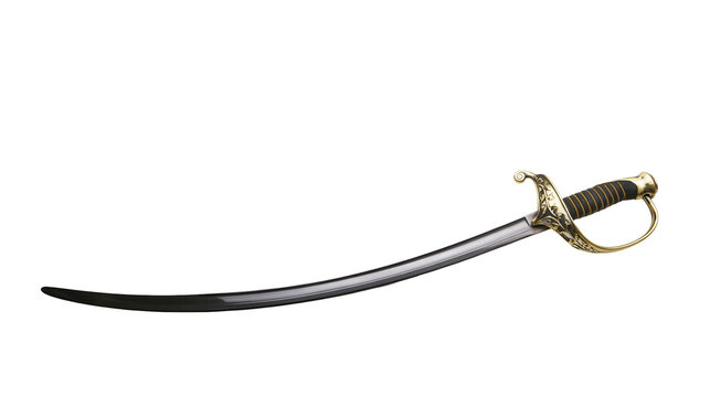 Isolated ornate saber with curved blade and golden hilt, an ancient military weapon for combat