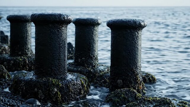 Industrial concrete bollards stand on a rocky beach at sea