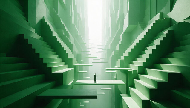 Surreal Geometric Architecture with Endless Stairs and Standing Figure