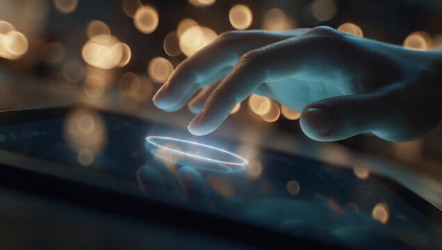 Finger Touching Glowing Digital Interface on Touchscreen