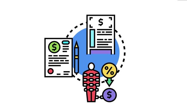 Debt obligation icon representing financial promissory notes. A document outlining money owed. And an individual bound by loans and credit with interest
