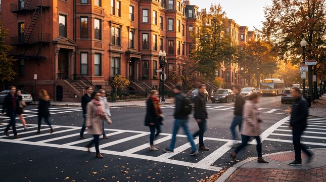Pedestrians Crossing Street in Historic Urban Neighborhood
