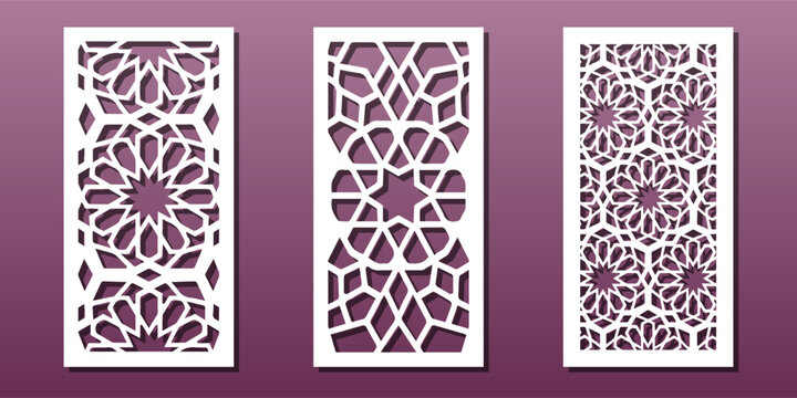 Laser cut panel, islamic girih traditional ornament. CNC cutting or engraving stencil, arabian pattern for wall art or home decor, paper craft background. Vector Illustration