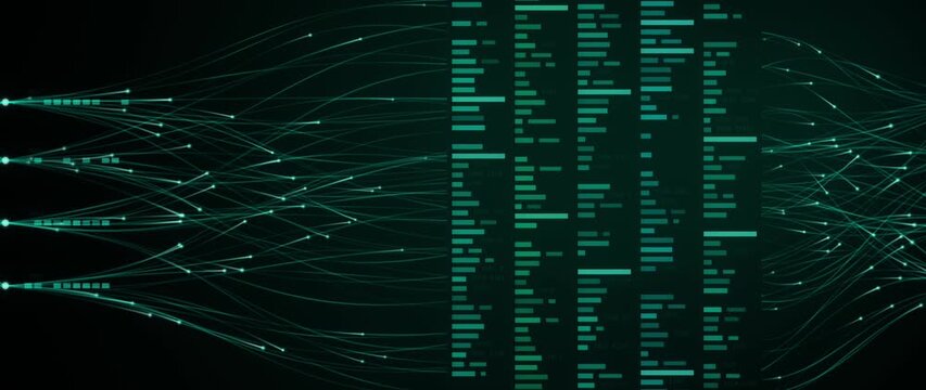 Abstract data network flows through shifting columns of code on a dark teal interface