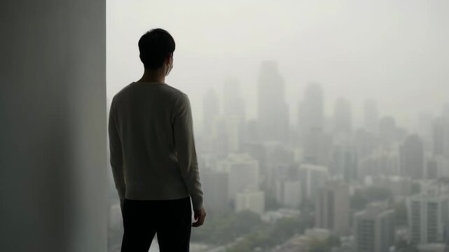Person watches city skyline obscured by worsening air pollution. Urban smog and poor air quality. Pollution awareness and environmental crisis. Ecology and public health concept.