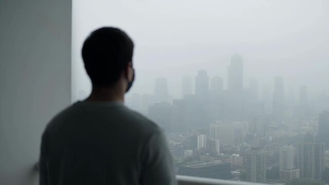 Masked person views a smog covered city skyline from a window. Air pollution and urban haze. Environmental health and ecology concept. City living and climate concern.