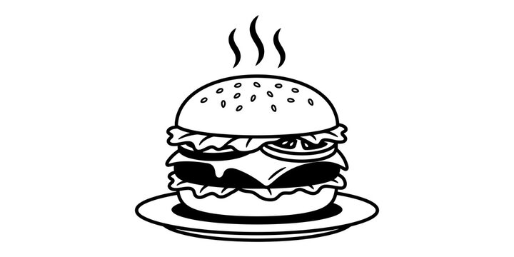 Steaming burger on plate illustration for fast food menu design.