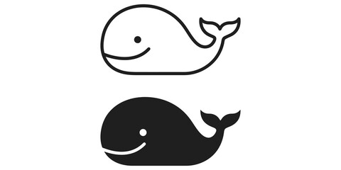 Minimalist whale icons in solid black and simple outline graphic styles. © Saba