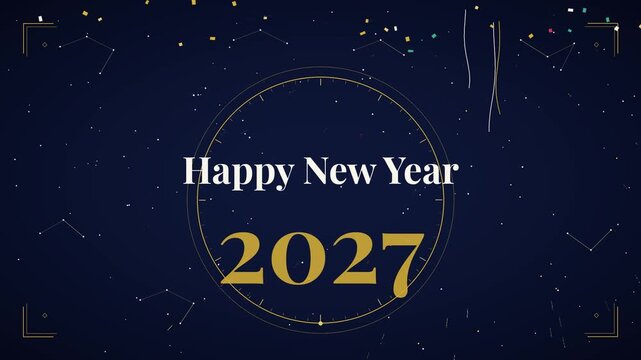 Happy New Year 2027 animated greeting with golden fireworks, elegant countdown clock and luxury typography on dark navy background