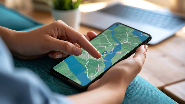 A voter using a smartphone to find an accessible route to a polling station, screen displaying a generic navigation map, election planning, digital inclusion, civic participation,