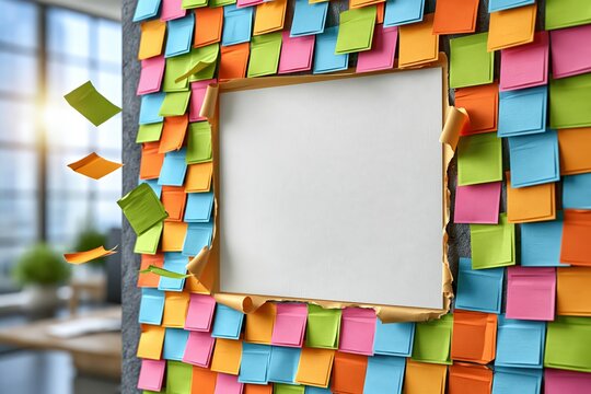 Sticky notes wall mockup template with blank paper frame background