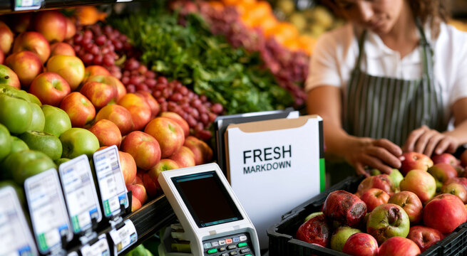 Grocery worker inspecting bruised apples next to fresh markdown folder and label printer with Contemporary Presentation