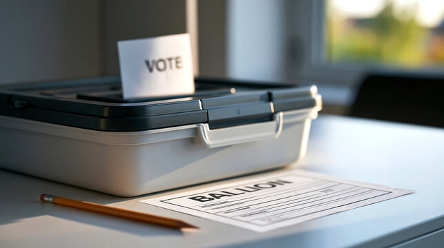 A single paper ballot resting beside a sharpened pencil on a plain desk inside a voting booth, minimalist still life, Election Day, democracy, personal choice, voting rights, soft