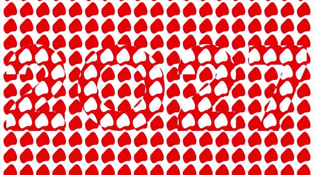 Animated 2027 number with red and white heart pattern overlay loop, happy new year 2027, romantic Valentine year text motion graphic for special holiday greetings and celebrations on white screen. 4k