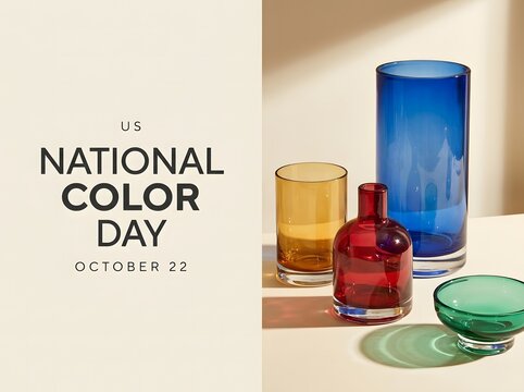 National color day celebration with colorful glass vases and bowls on a neutral background