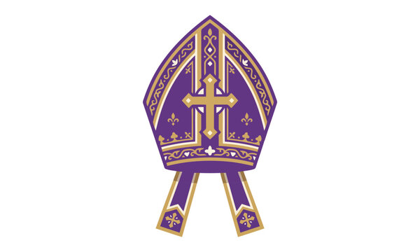 Mitre traditional catholic bishop hat design with golden cross and elegant ornaments.